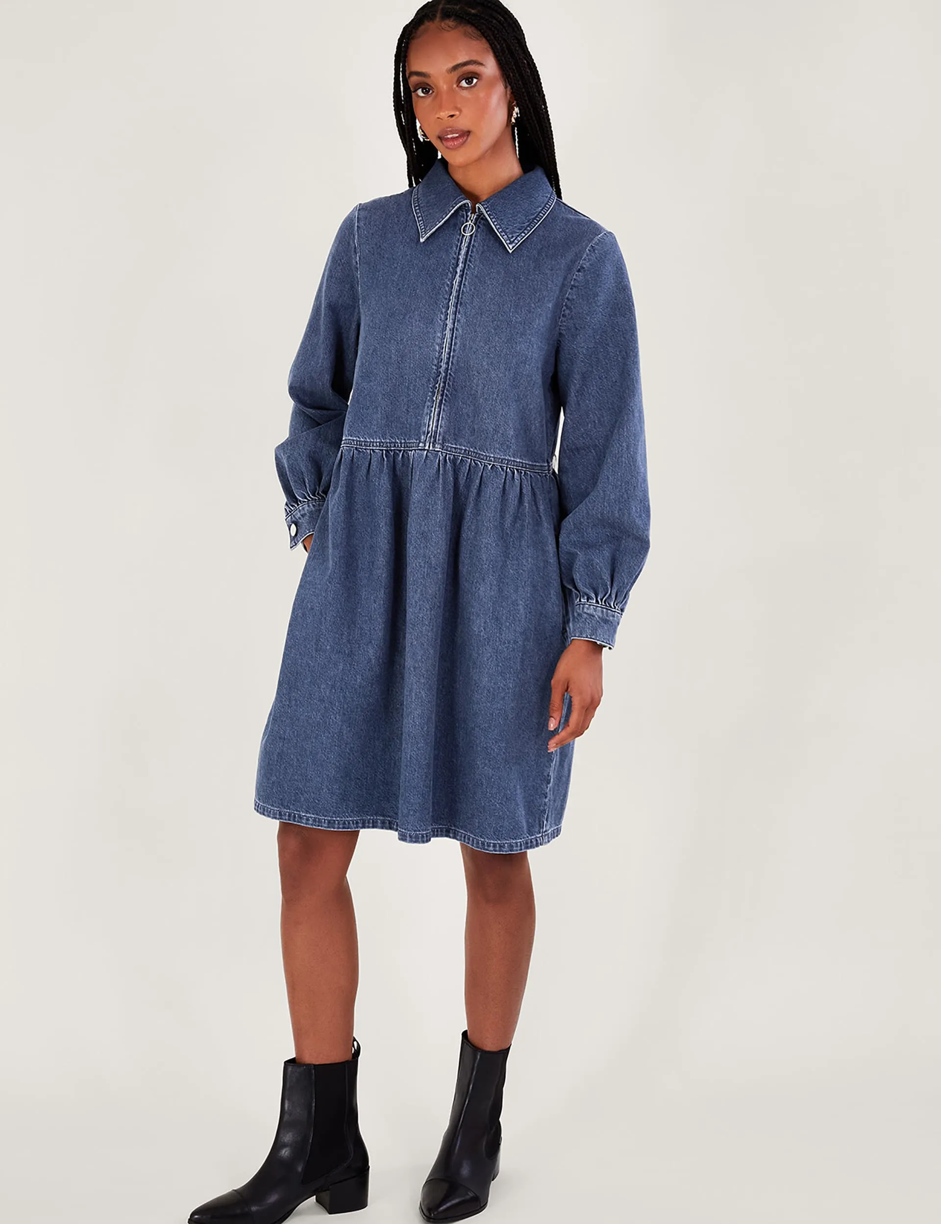 Monsoon Women's Denim Zip Neck Knee Length Shirt Dress - XL - Blue, Blue