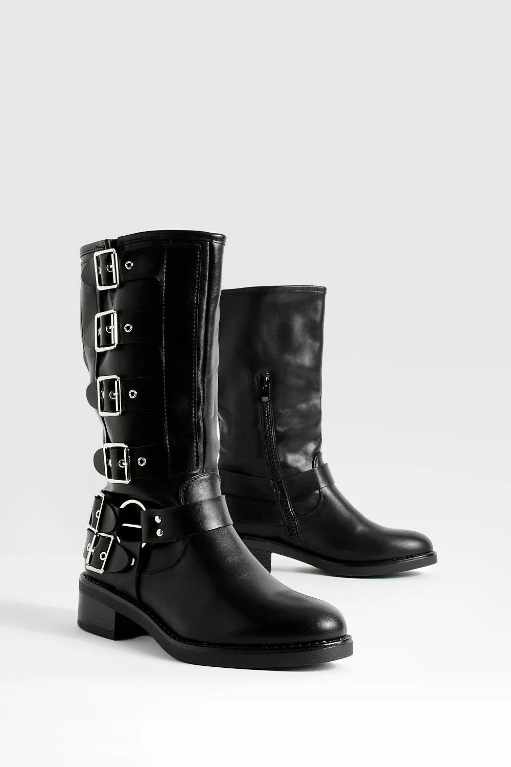 Multi Buckle Chunky Biker Boots