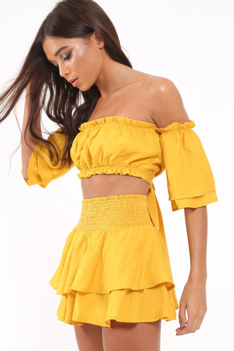 Mustard Frill Tie Back Bardot Crop Top And Mini Skirt - Sarabella