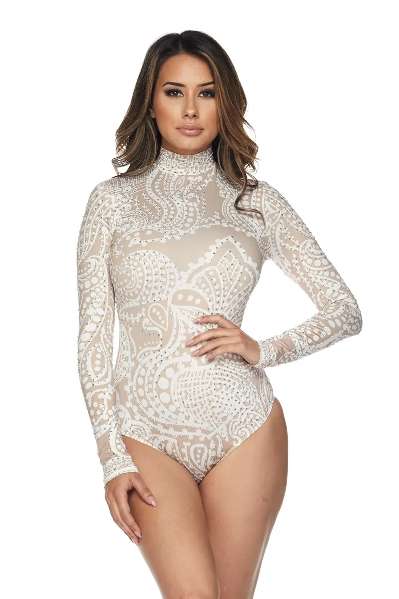 Nude Print Bodysuit Top With Rhinestone Design