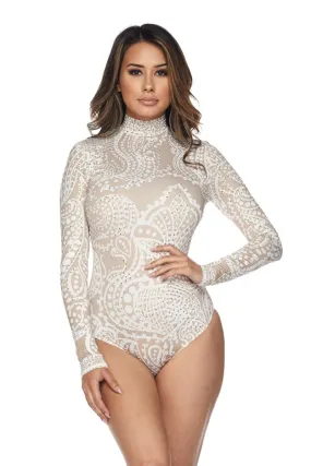 Nude Print Bodysuit Top With Rhinestone Design