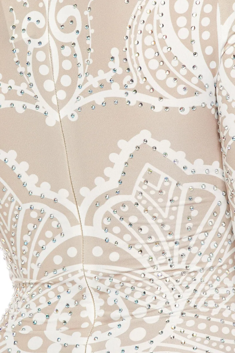 Nude Print Bodysuit Top With Rhinestone Design