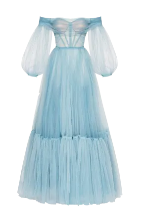 Ocean Wave Sheer Sleeves Maxi Tulle Dress