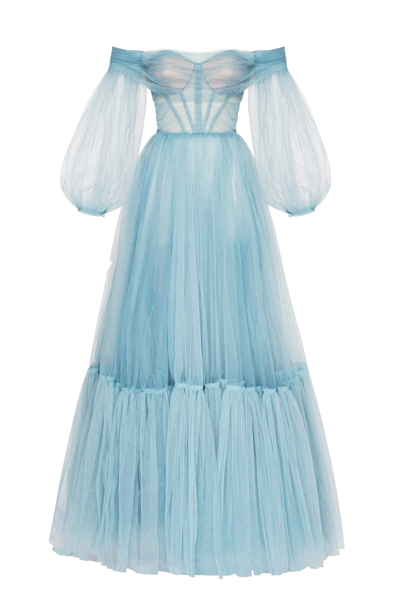 Ocean Wave Sheer Sleeves Maxi Tulle Dress