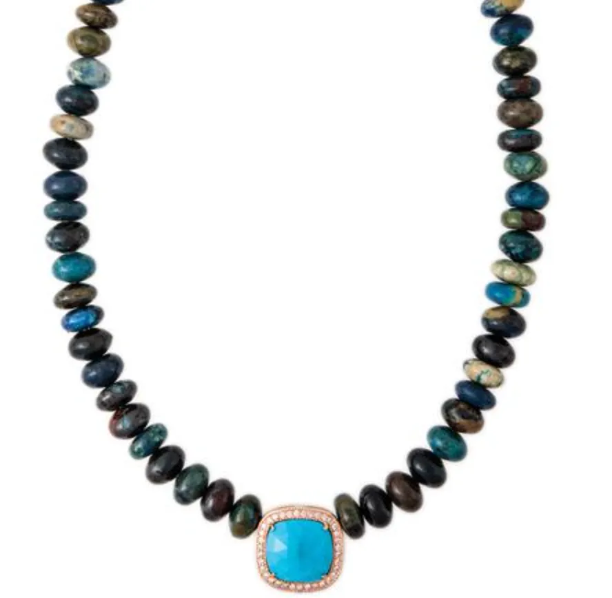 Pave Diamond Turquoise Rounded Square Center Dark Multi Blue Opal Beaded Necklace