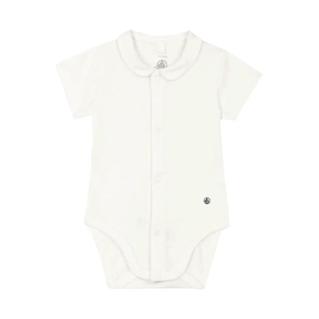 Petit Bateau Baby Short Sleeve Bodysuit Onesie With Collar - White