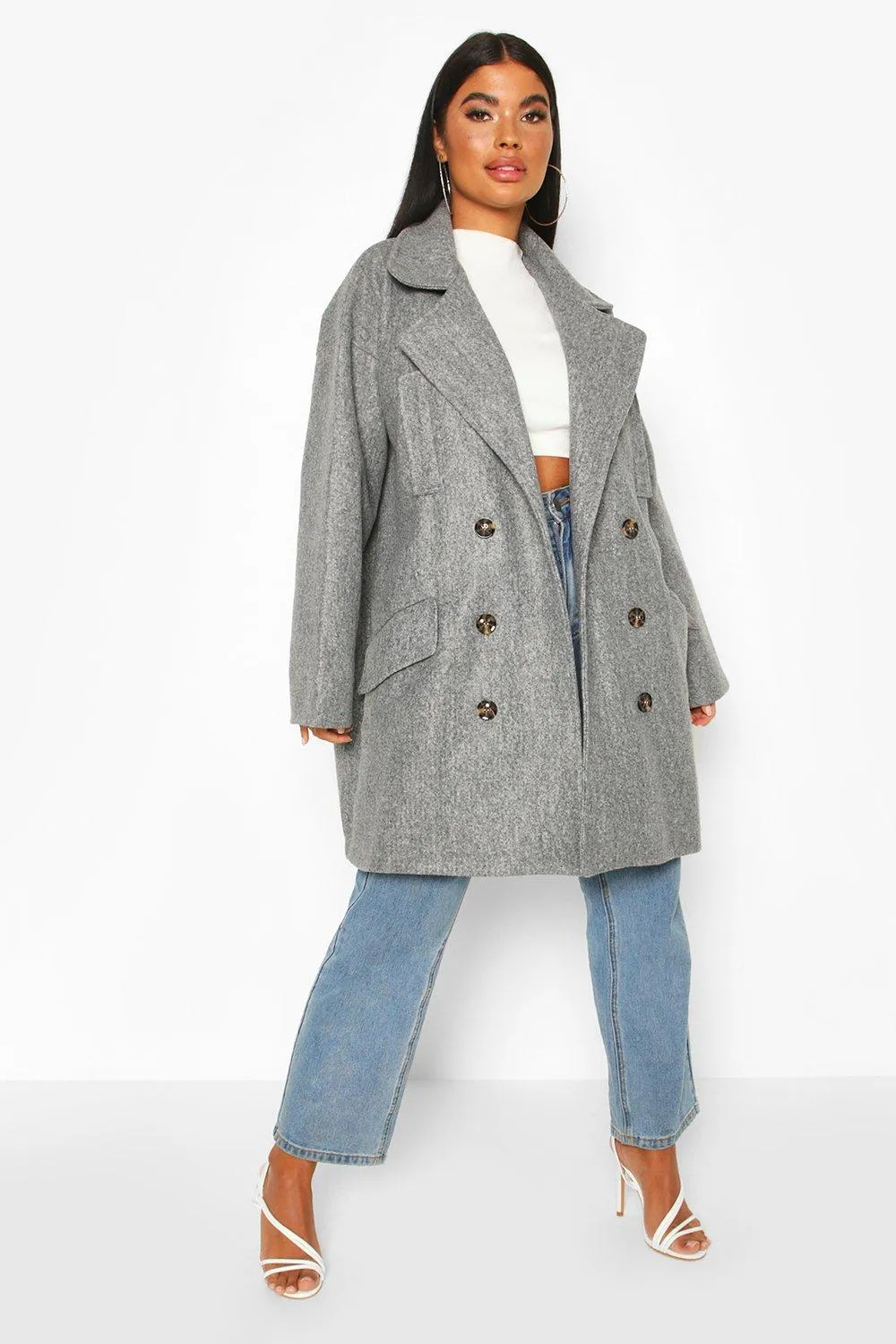 Petite Marl Double Breasted Wool Look Coat