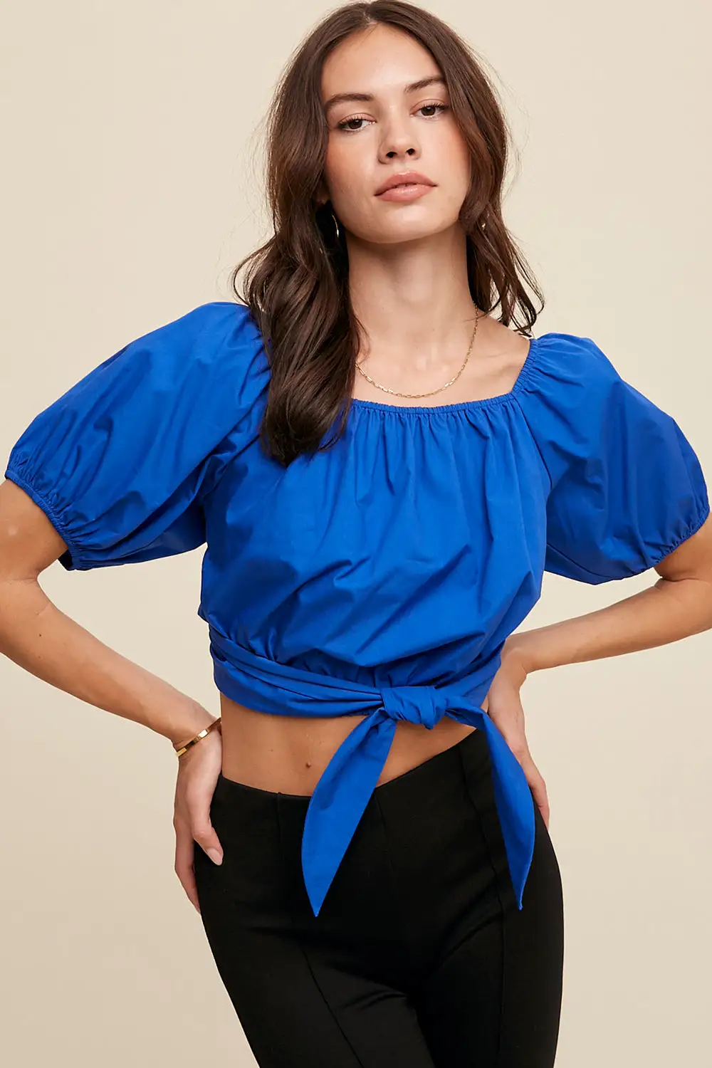 Puff Sleeve Back Tie Crop Top