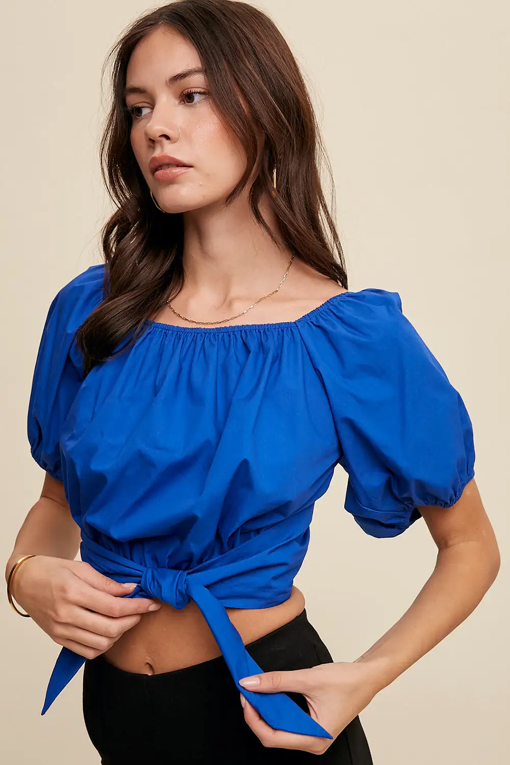 Puff Sleeve Back Tie Crop Top