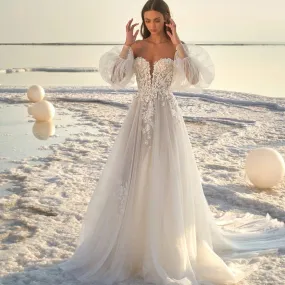 Puff Sleeve Beach Wedding Dress