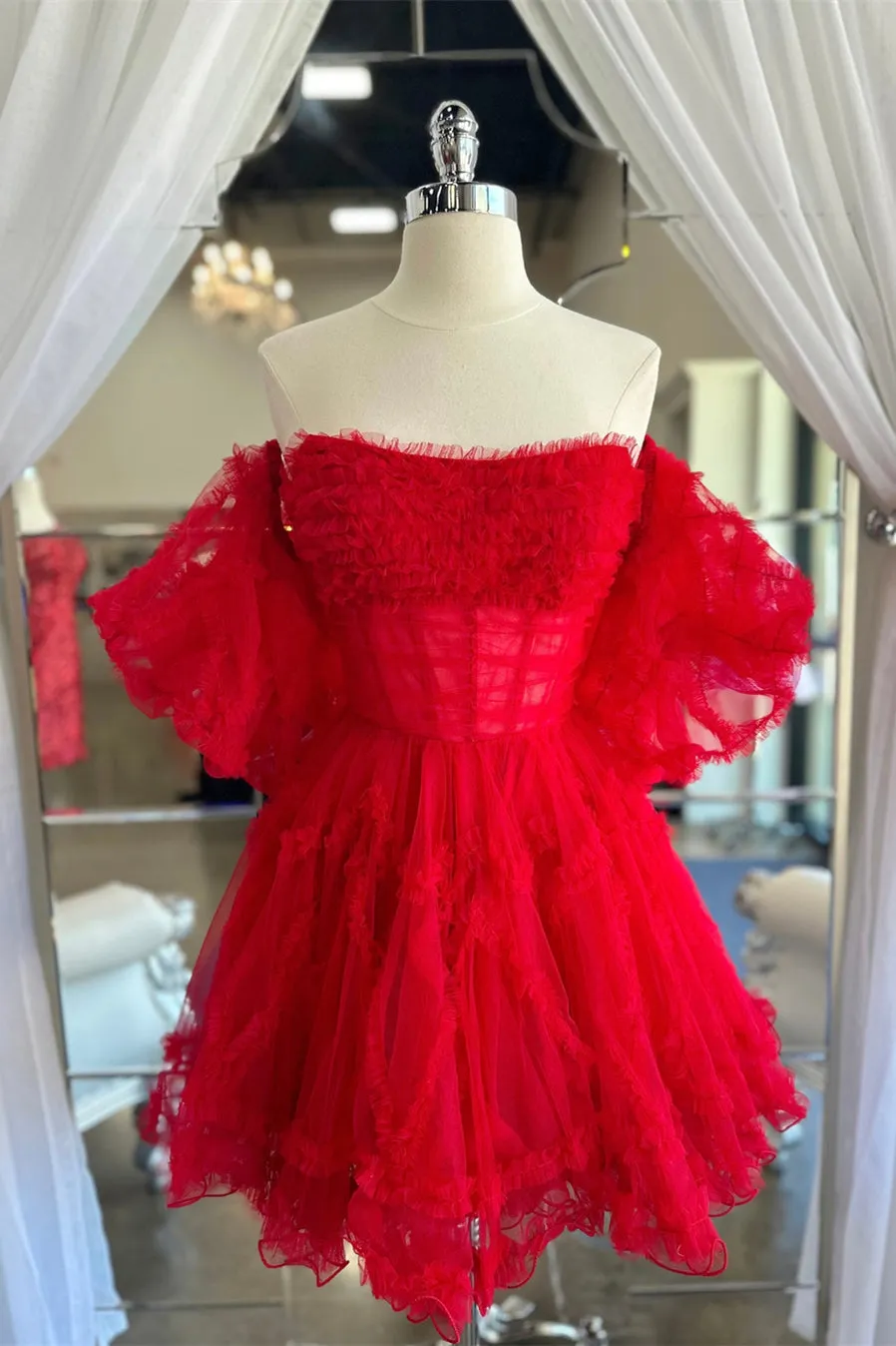 Red Tulle Puff Sleeves Ruffles Tulle Homecoming Dress