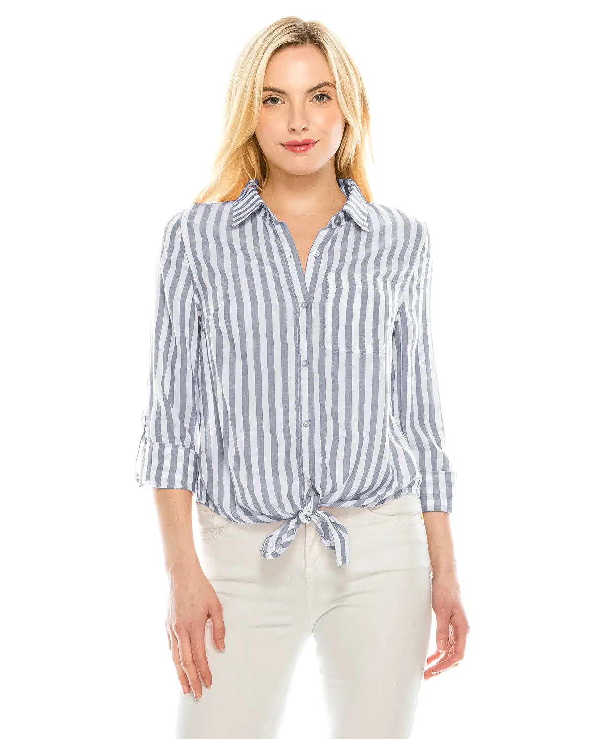 Roll Up Sleeve Crop Top Tie Front Chambray Stripe Shirts