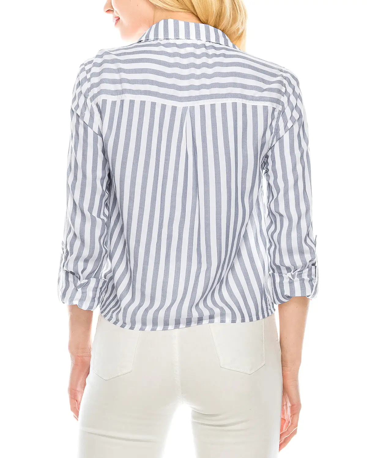 Roll Up Sleeve Crop Top Tie Front Chambray Stripe Shirts