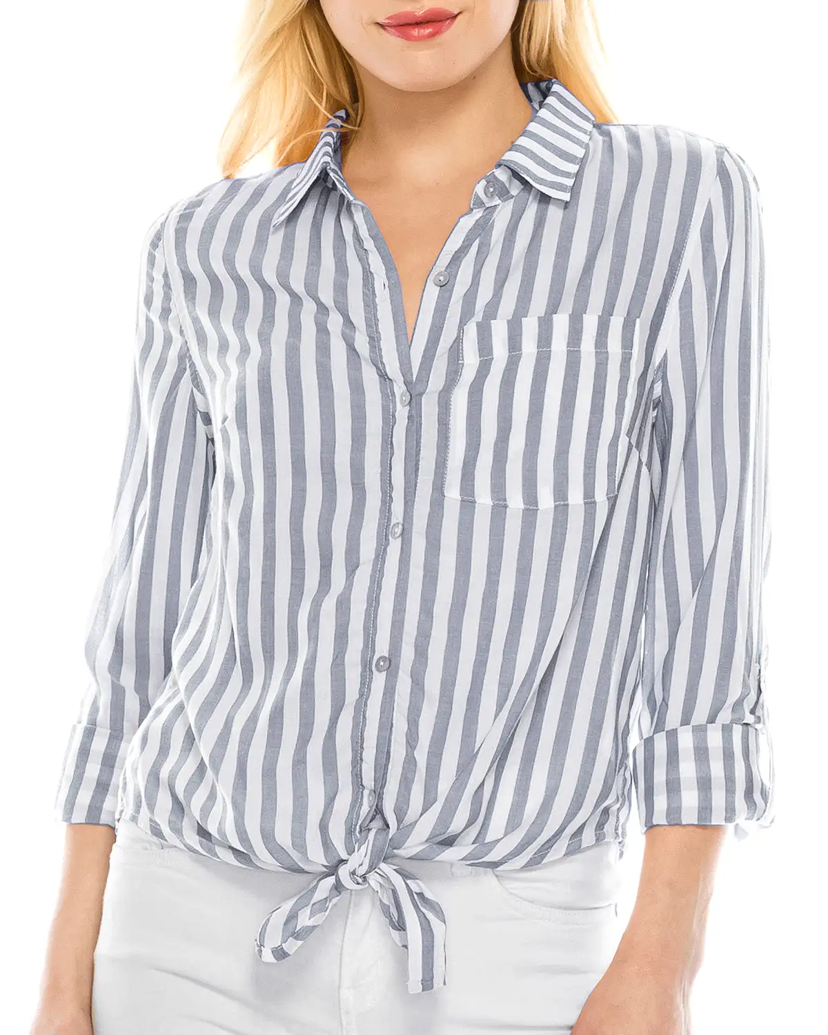 Roll Up Sleeve Crop Top Tie Front Chambray Stripe Shirts