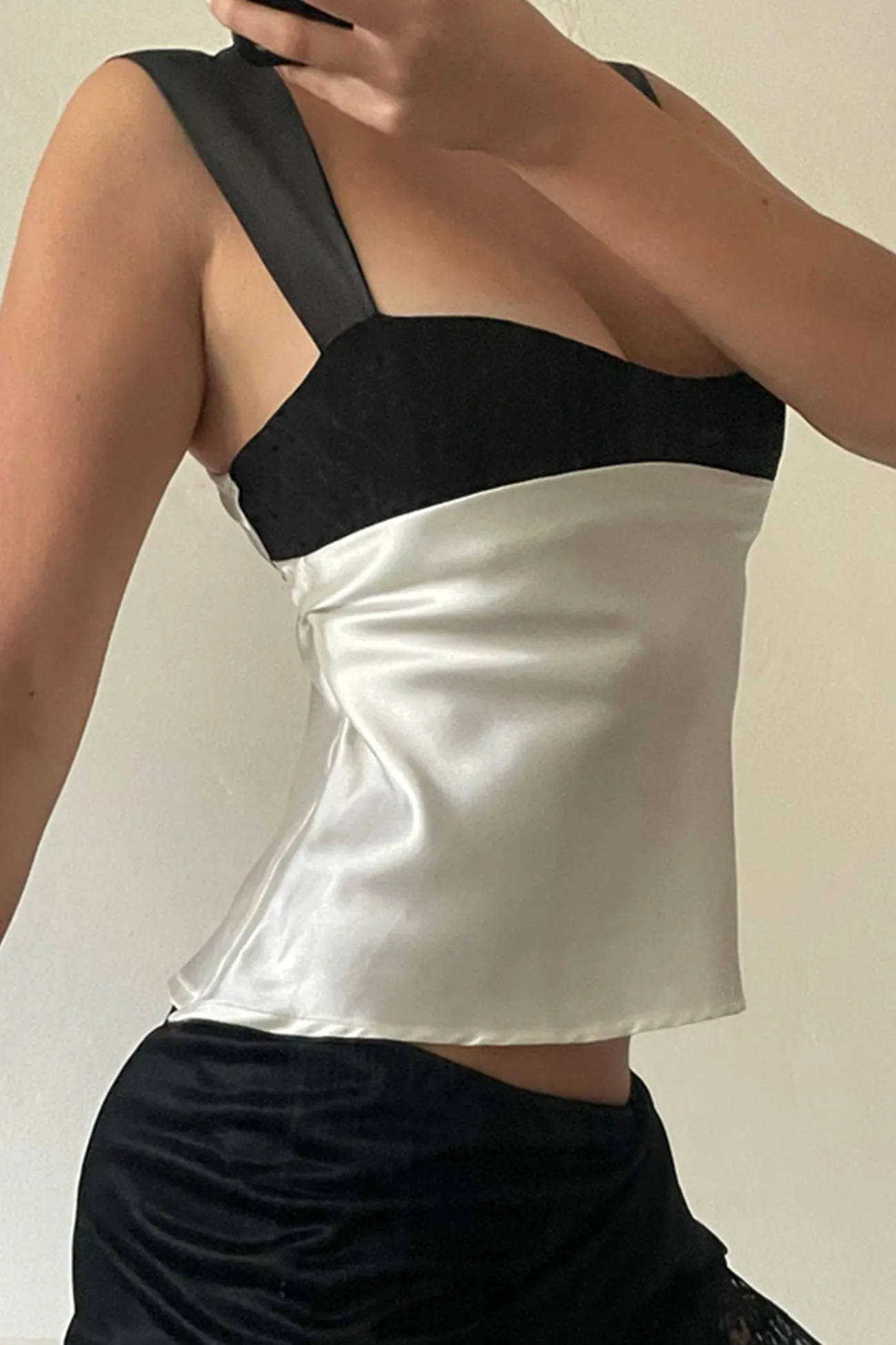 Satin Contrast Low Cut Tie-up Crop Top