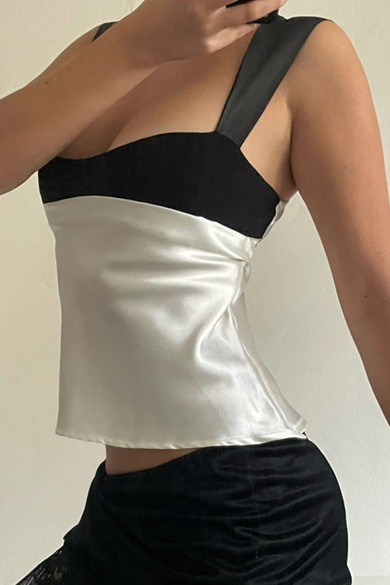 Satin Contrast Low Cut Tie-up Crop Top