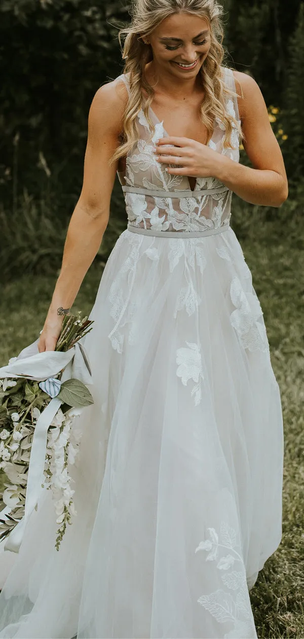 See Through Lace Ivory Tulle V-neck V-back Beach Wedding Dresses,DB0160