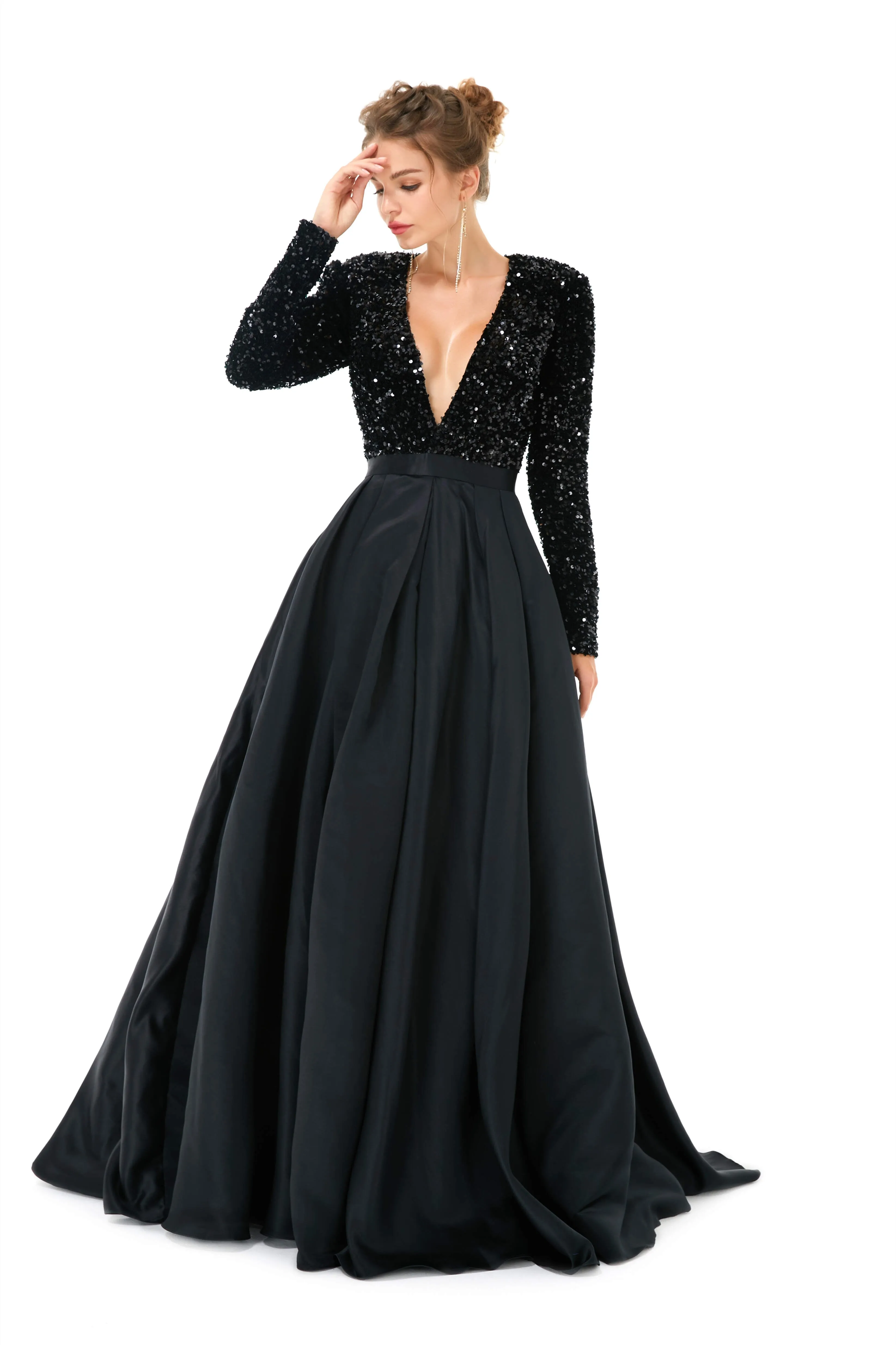 Sequined Satin A Line Front Slit V Neck Full Sleeve Sweep Train Long Prom Dresses