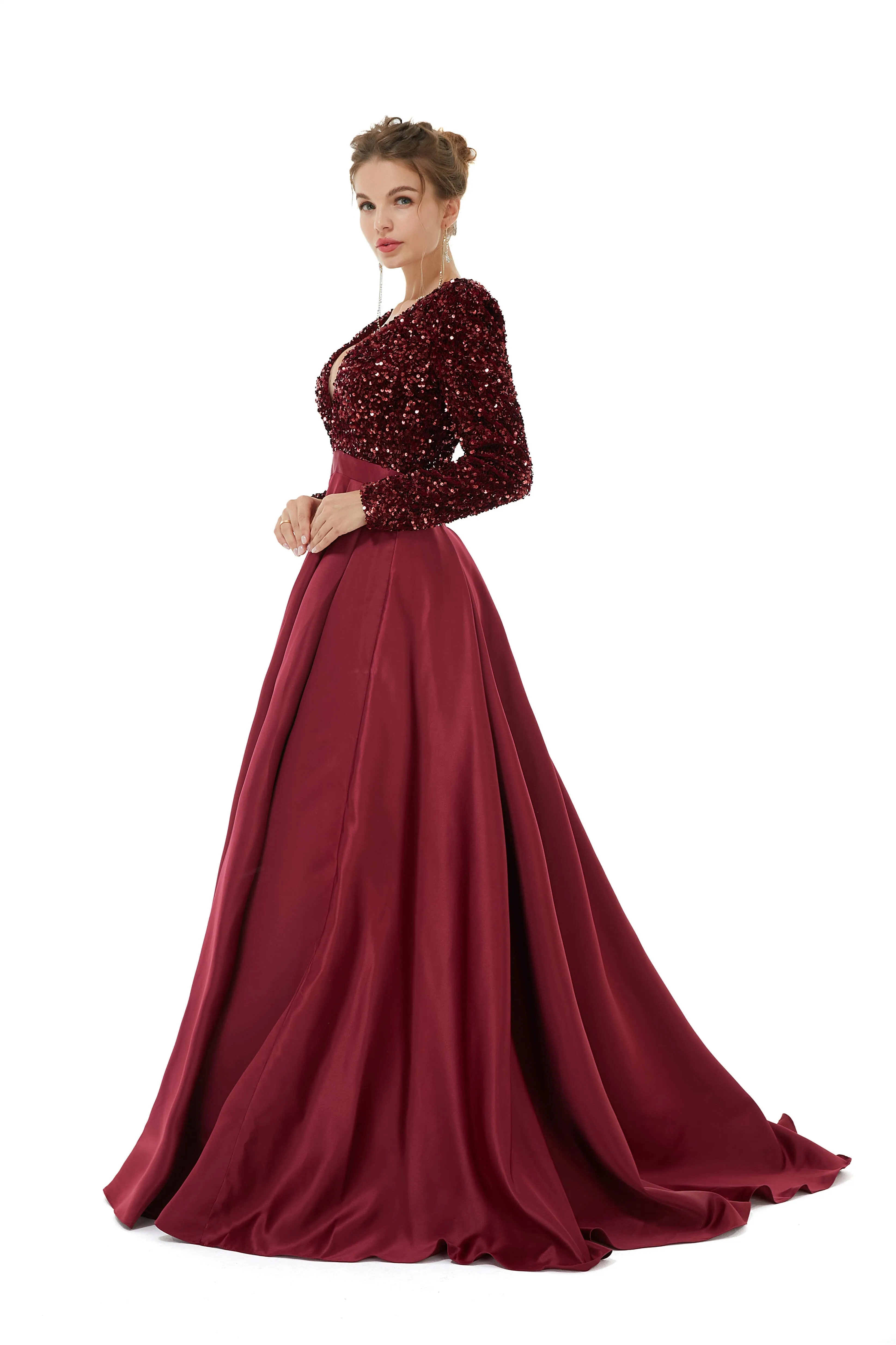 Sequined Satin A Line Front Slit V Neck Full Sleeve Sweep Train Long Prom Dresses