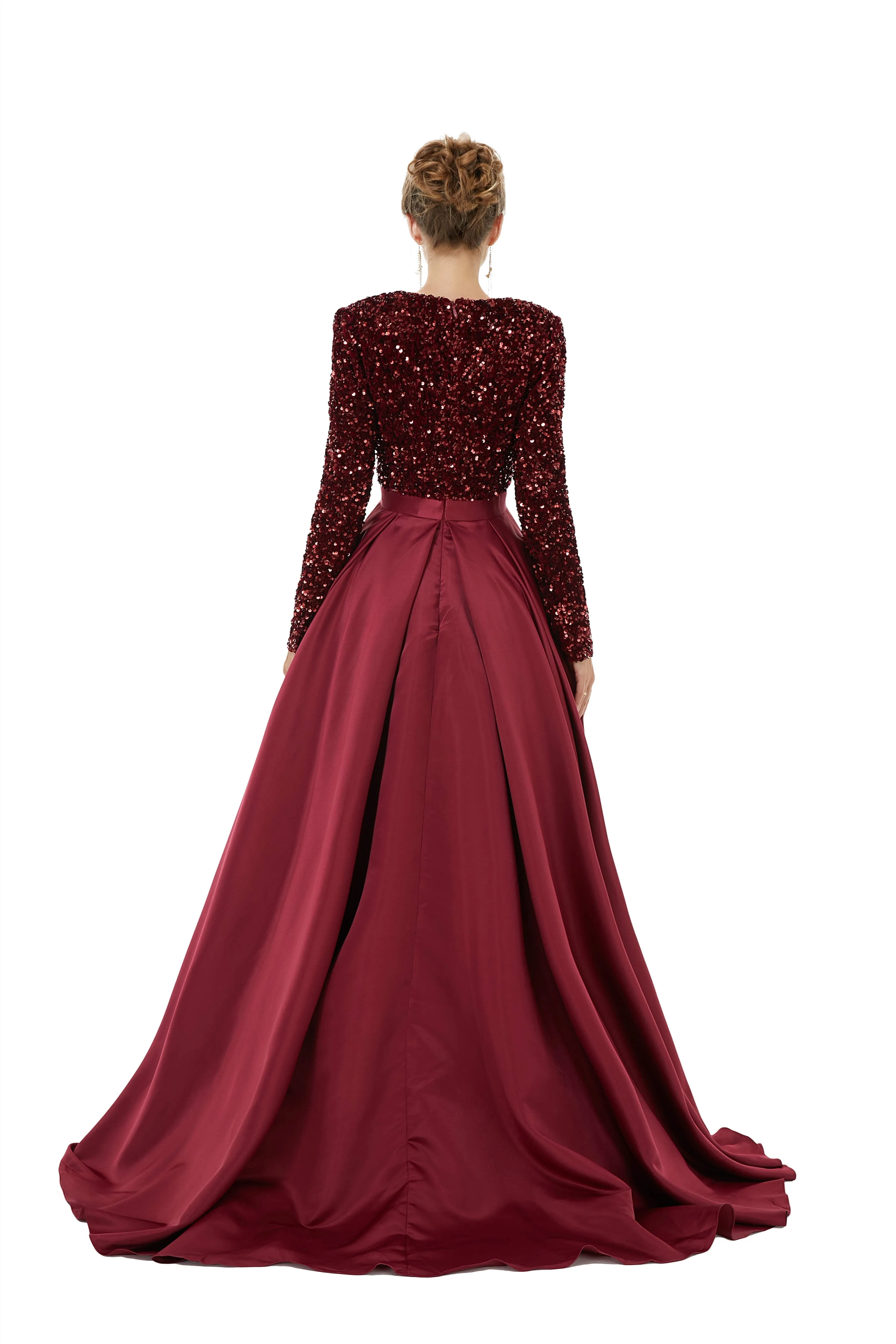 Sequined Satin A Line Front Slit V Neck Full Sleeve Sweep Train Long Prom Dresses