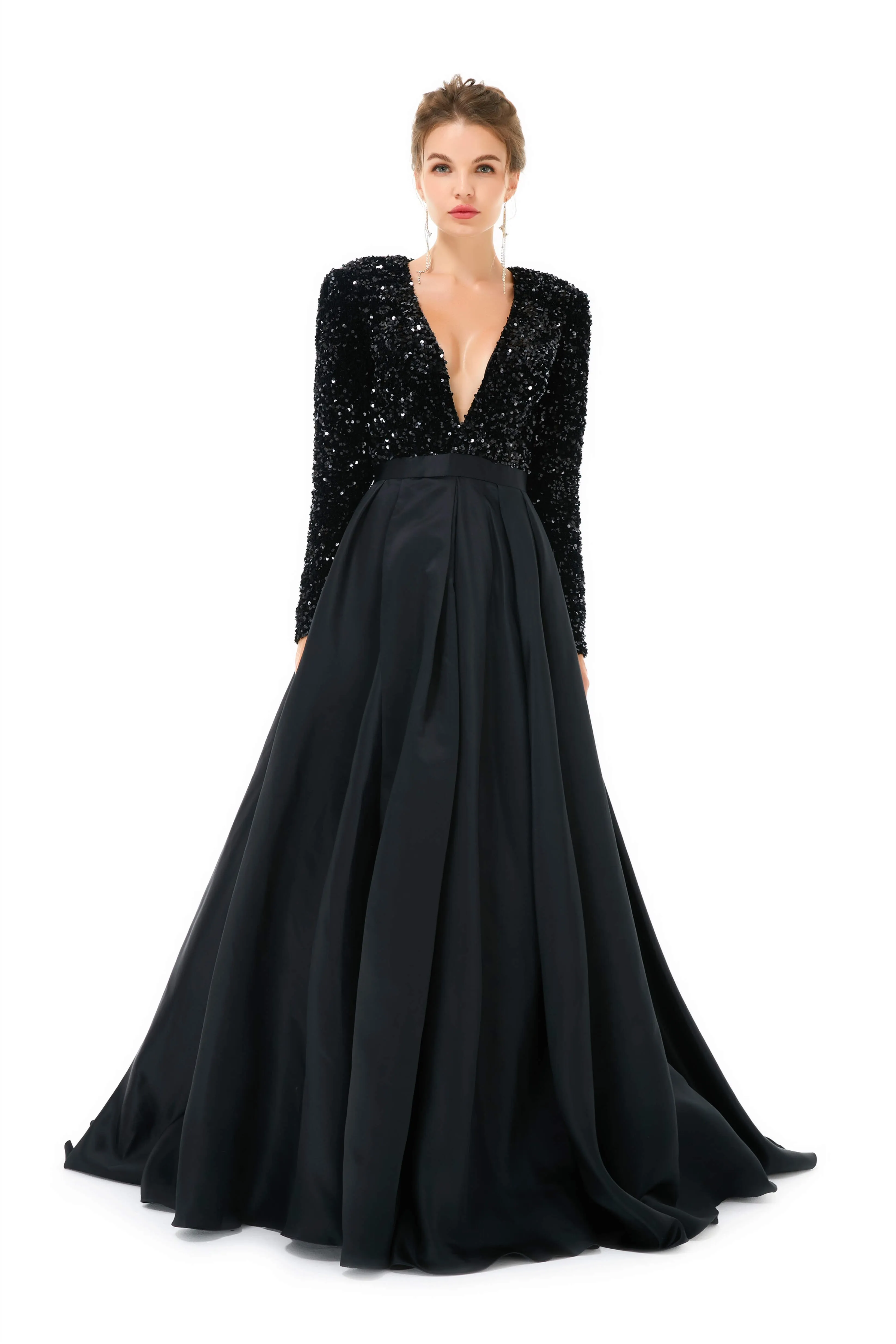 Sequined Satin A Line Front Slit V Neck Full Sleeve Sweep Train Long Prom Dresses