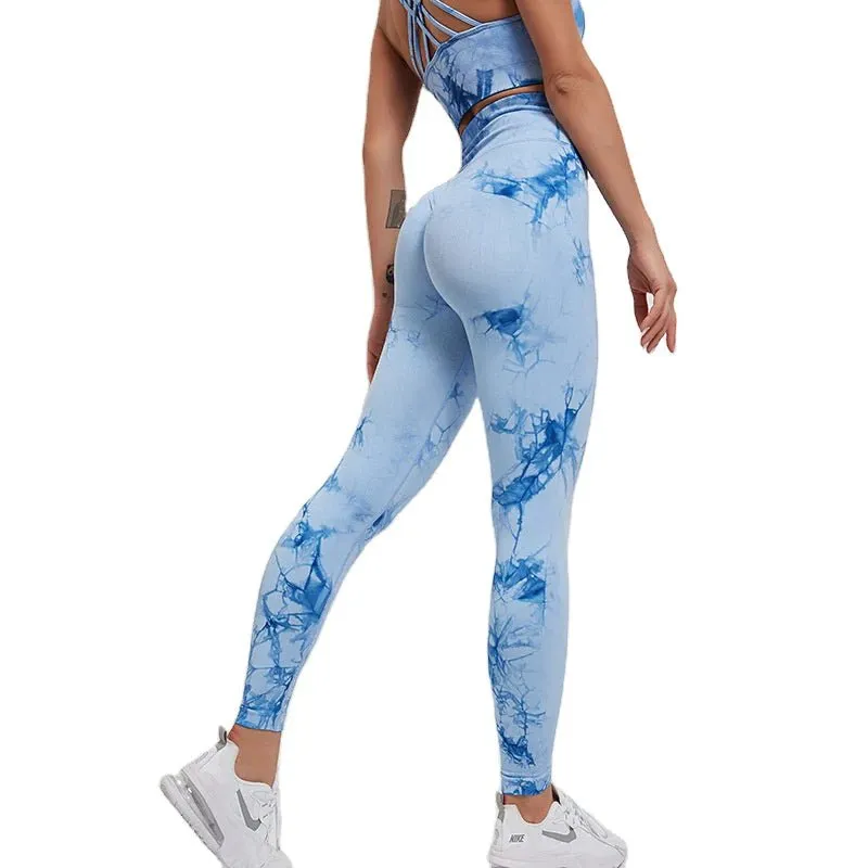 Serenity Tie Dye Womens Yoga Legging And Matching Crop Top-Blue