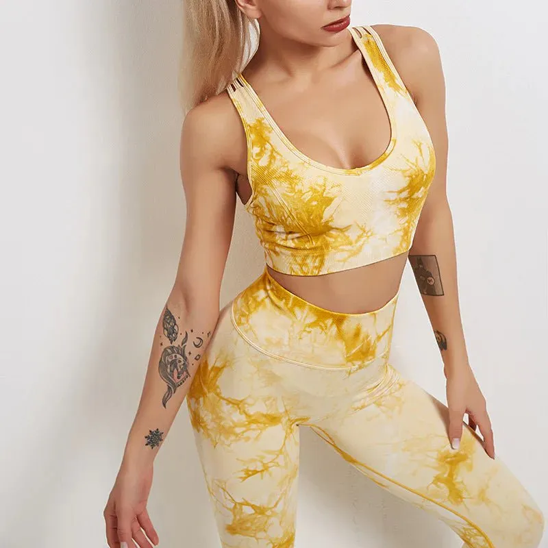 Serenity Tie Dye Womens Yoga Legging And Matching Crop Top-Yellow