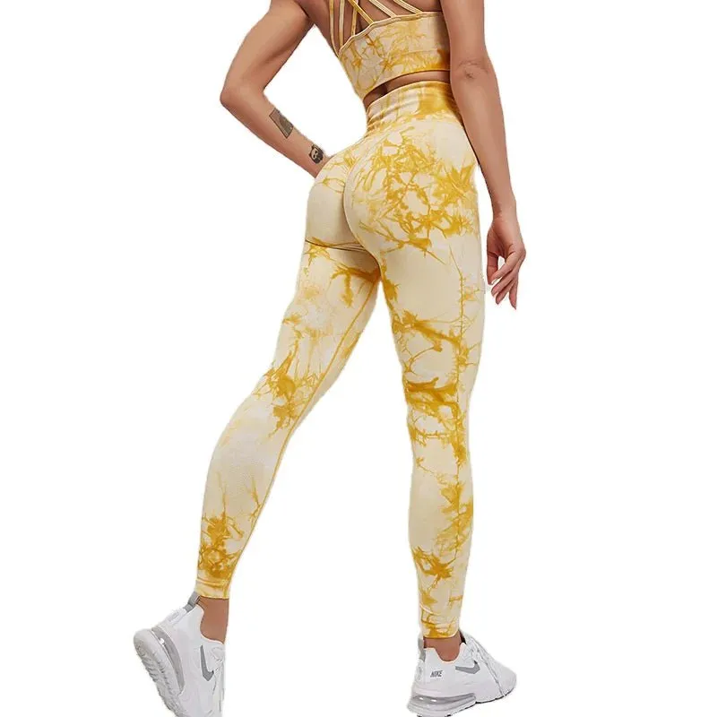 Serenity Tie Dye Womens Yoga Legging And Matching Crop Top-Yellow