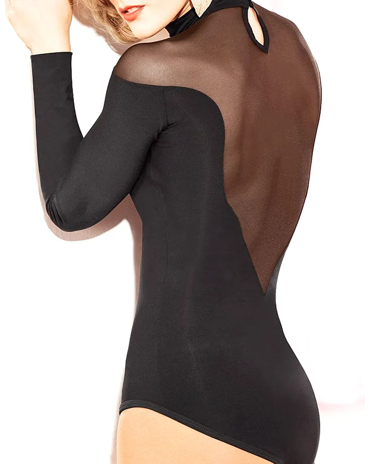 Sexy Long Sleeve Ballroom or Latin Practice Top Bodysuit with Mesh Shoulder and V-Neck and Back with Button Closure PRA 338 in S