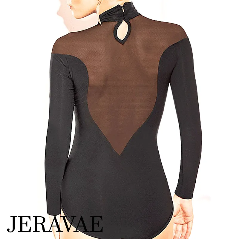 Sexy Long Sleeve Ballroom or Latin Practice Top Bodysuit with Mesh Shoulder and V-Neck and Back with Button Closure PRA 338 in S