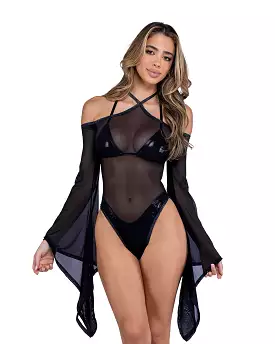 Sheer Mesh Romper with Bell Sleeves