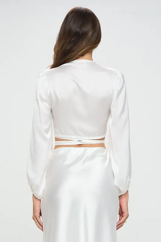 Silky Satin Wrap Crop Top with Tie