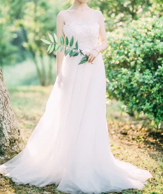 Simple Pretty Ivory Tulle Beach Wedding Dresses, Wedding Gowns, Simple Bridal Gown