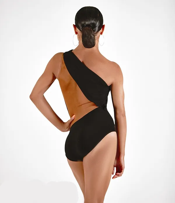 Sirius Practice Dance Wear Women's Black One Shoulder Bodysuit Practice Top with Nude Mesh Inserts PRA 872 in Stock