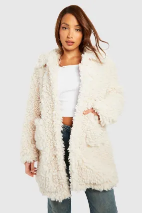 Tall Textured Collared Faux Fur Coat