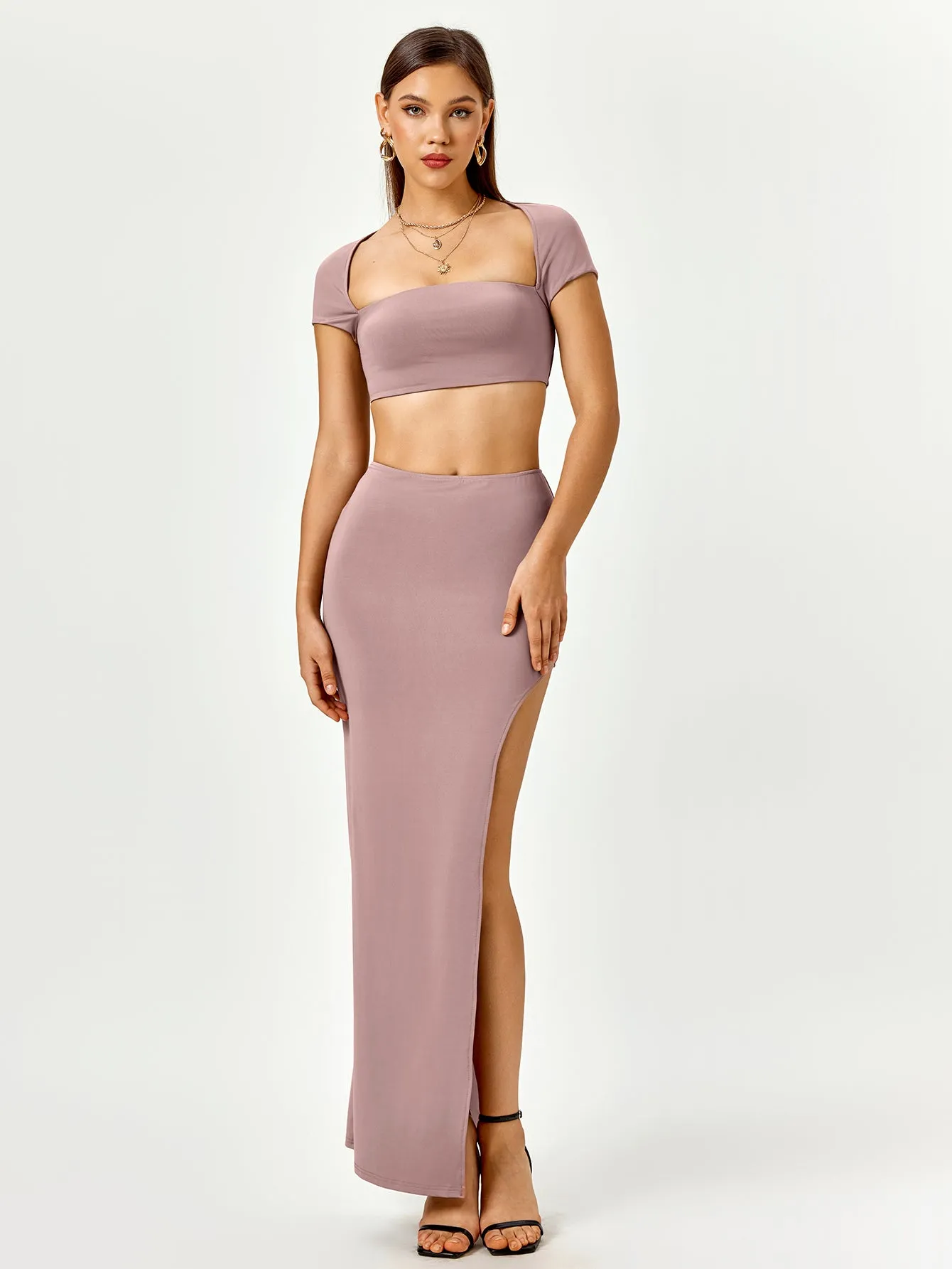 Tie Back Cut Out Crop Top&Split Thigh Bodycon Skirt