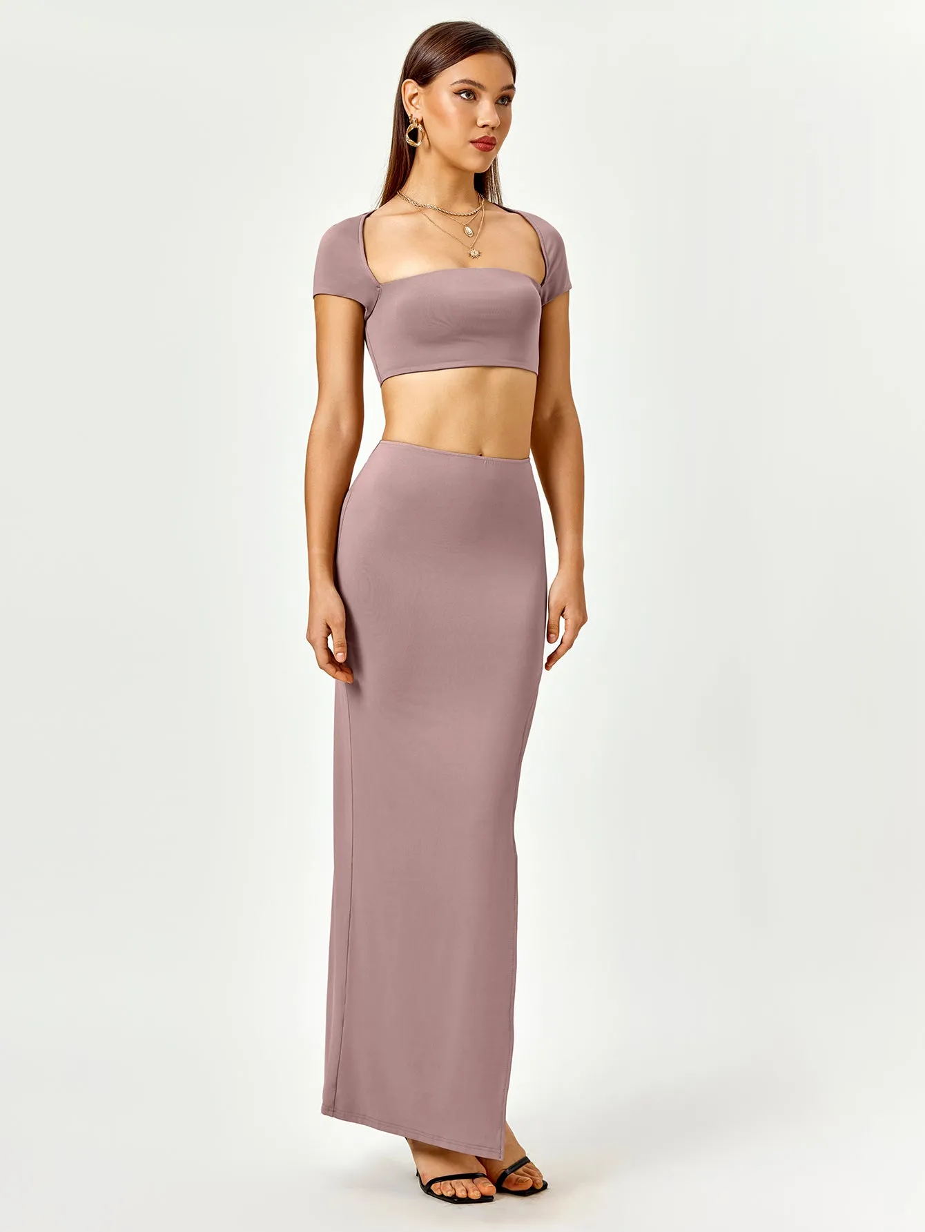 Tie Back Cut Out Crop Top&Split Thigh Bodycon Skirt