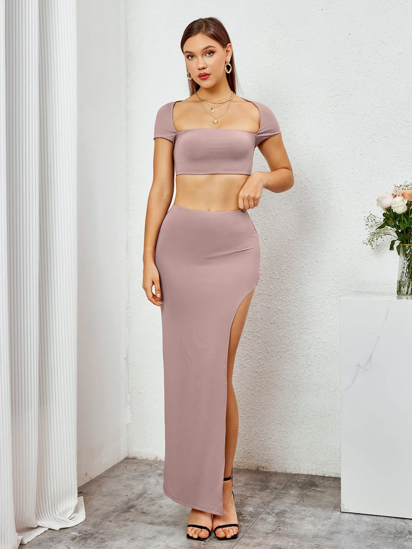 Tie Back Cut Out Crop Top&Split Thigh Bodycon Skirt