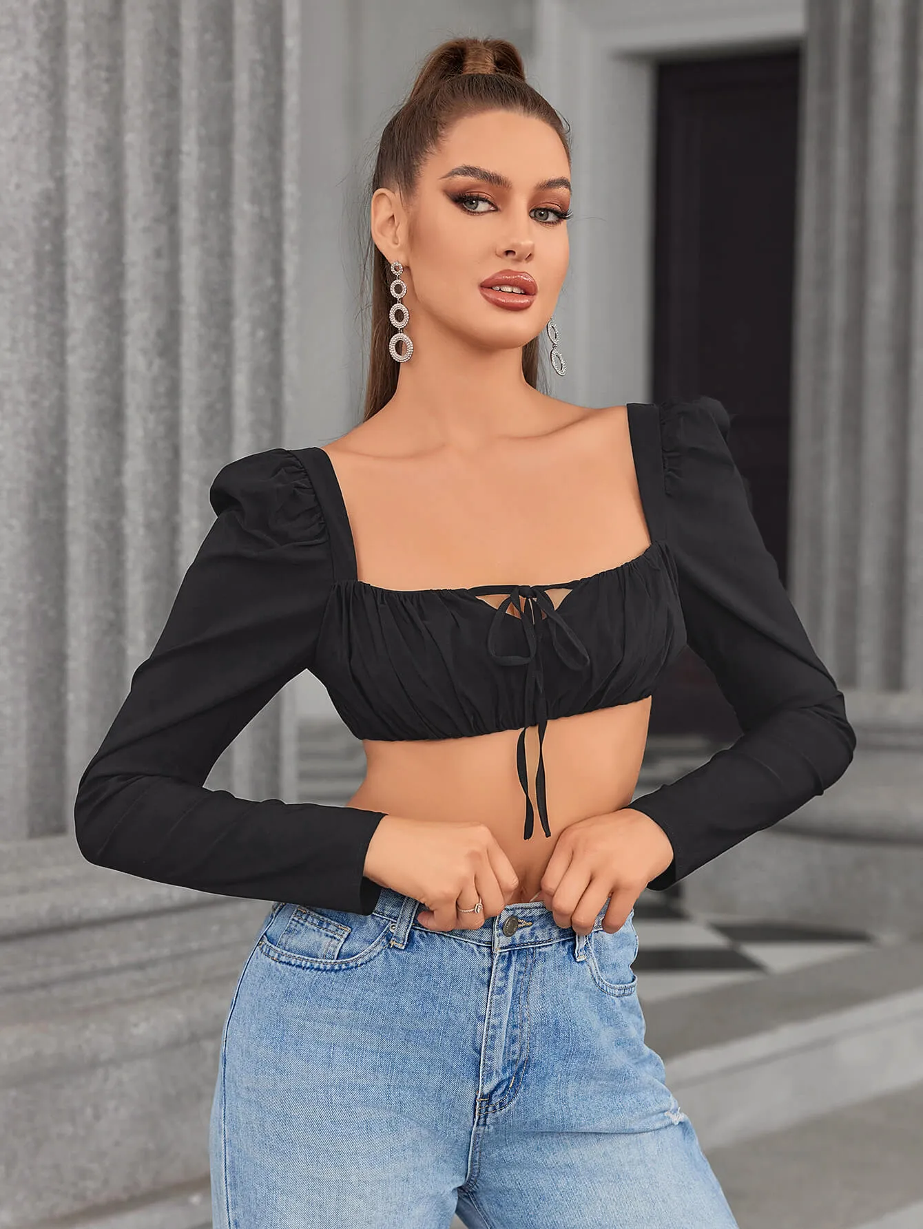 Tie Front Zipper Back Crop Top