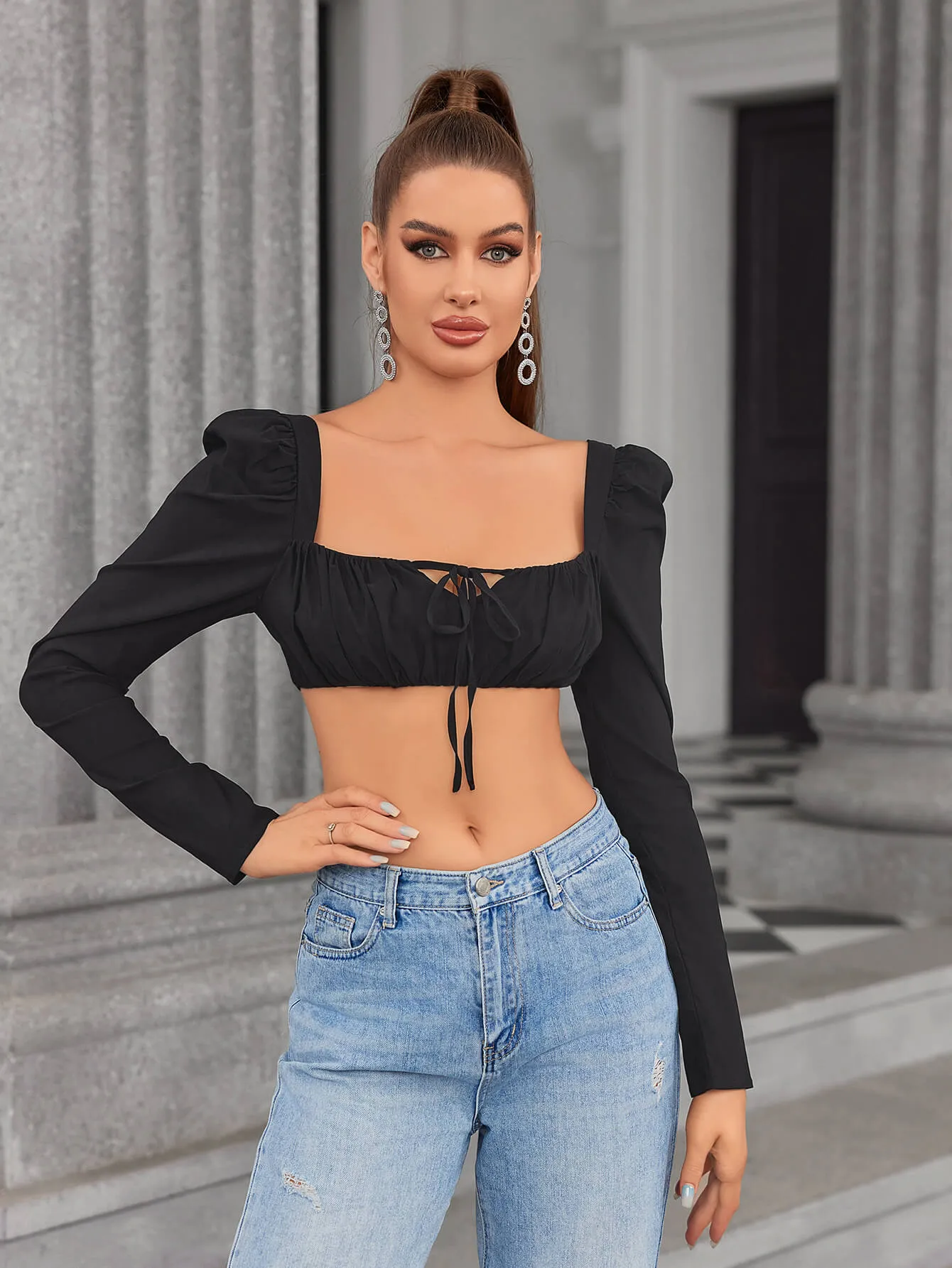 Tie Front Zipper Back Crop Top