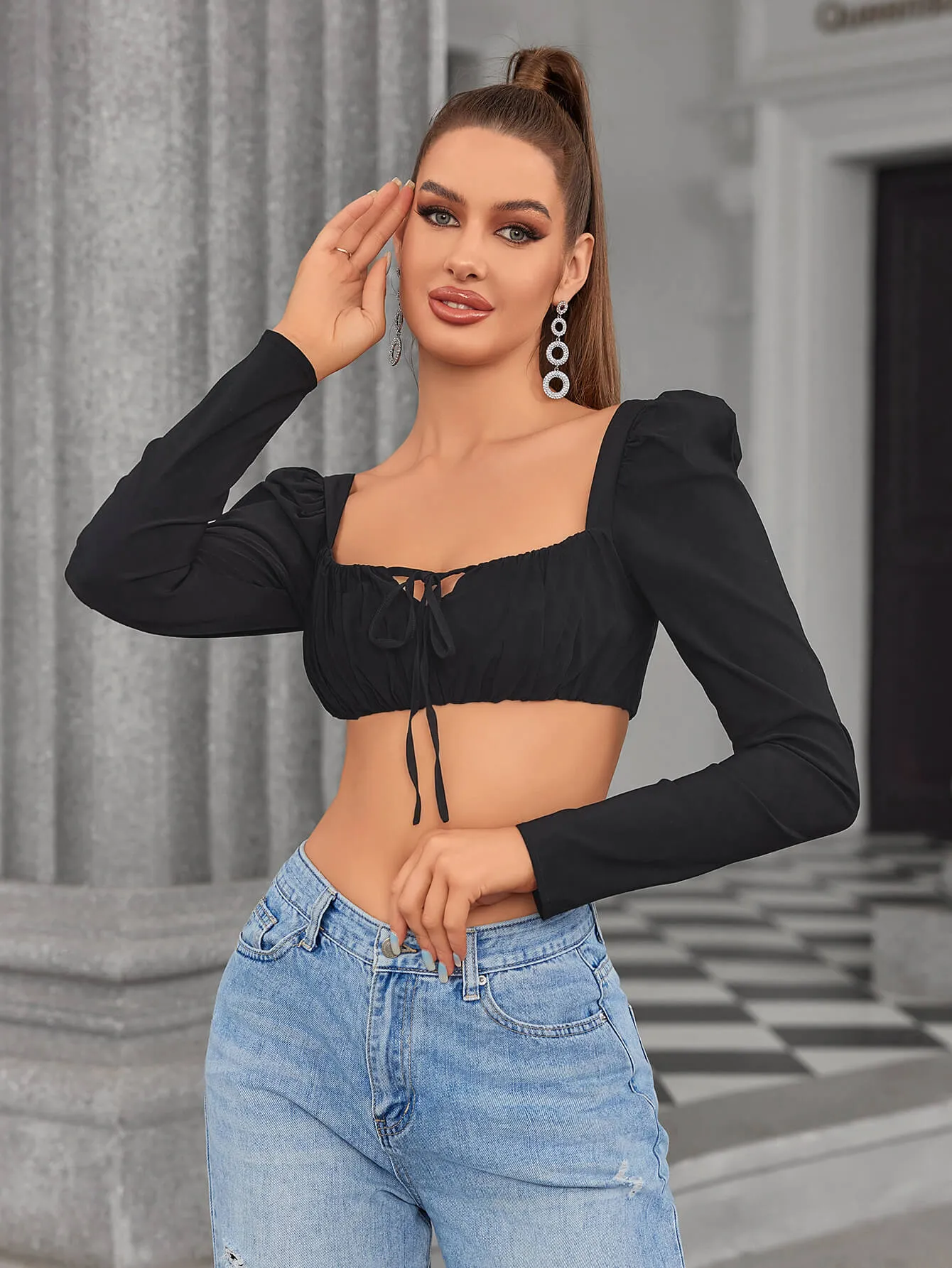 Tie Front Zipper Back Crop Top