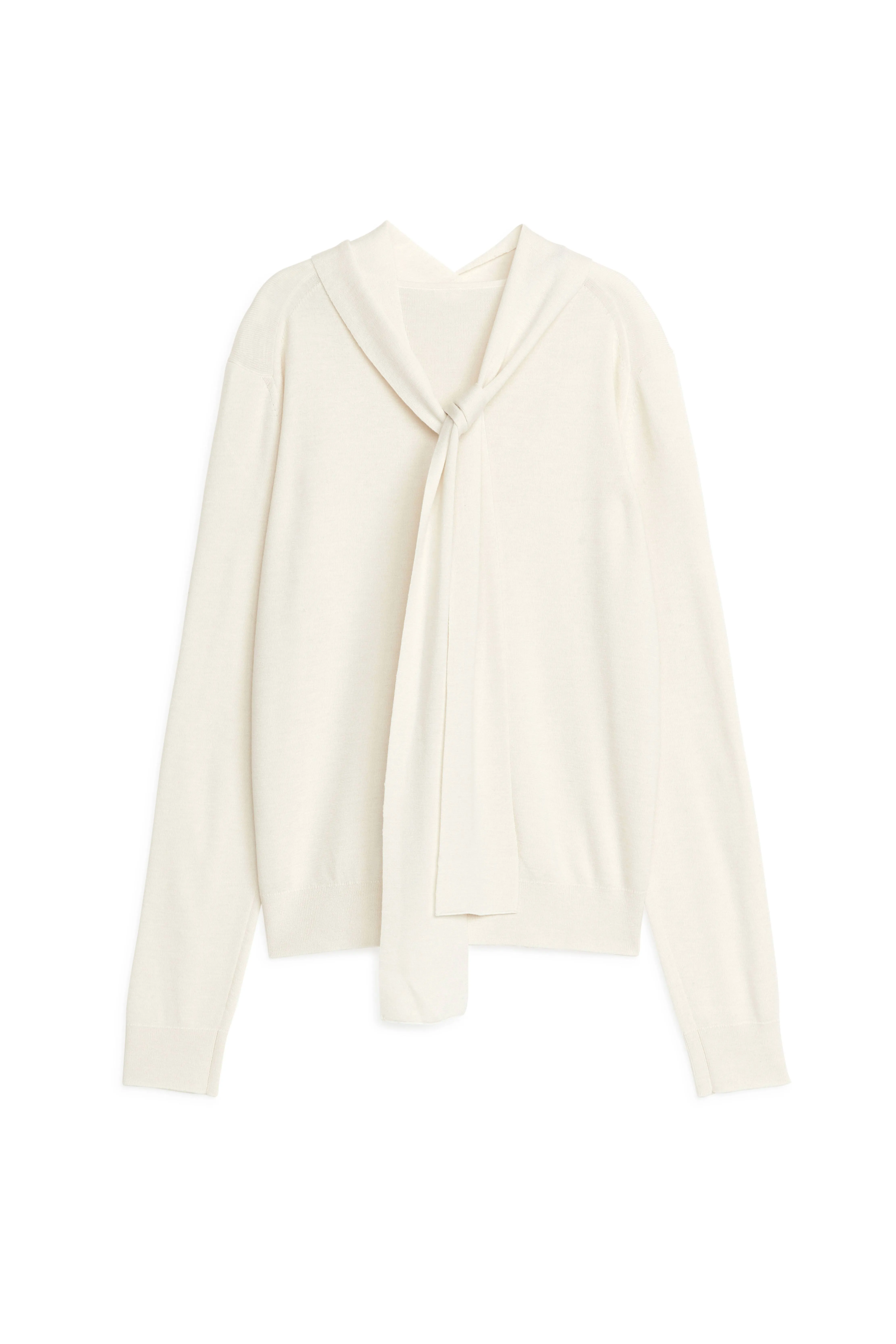 Tie-Neck Merino Top - Long sleeve - Regular length - Off White - Ladies | H&M GB