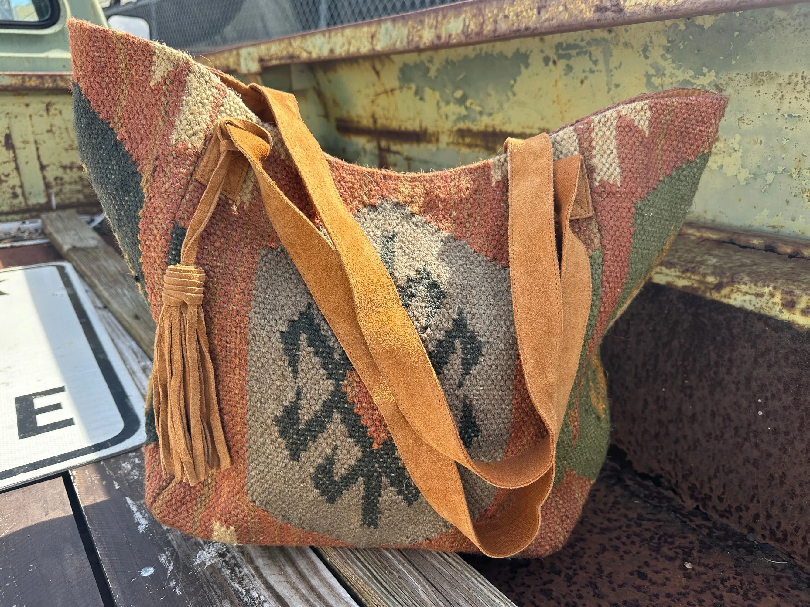 Traveling On Aztec Print Woven Saddle Blanket Tote Bag Purse