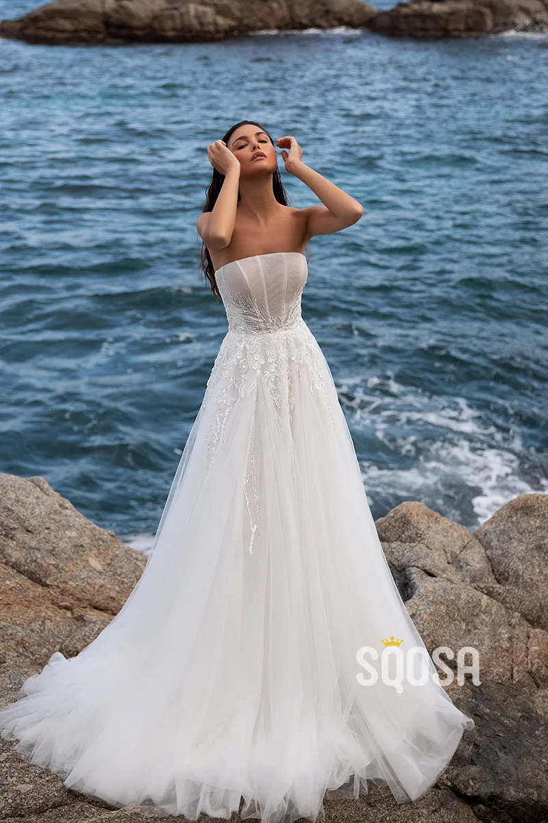 Tulle A-Line Detachable Off-Shoulder Empire Beaded Appliques With Side Slit Beach Wedding Dress QW8125