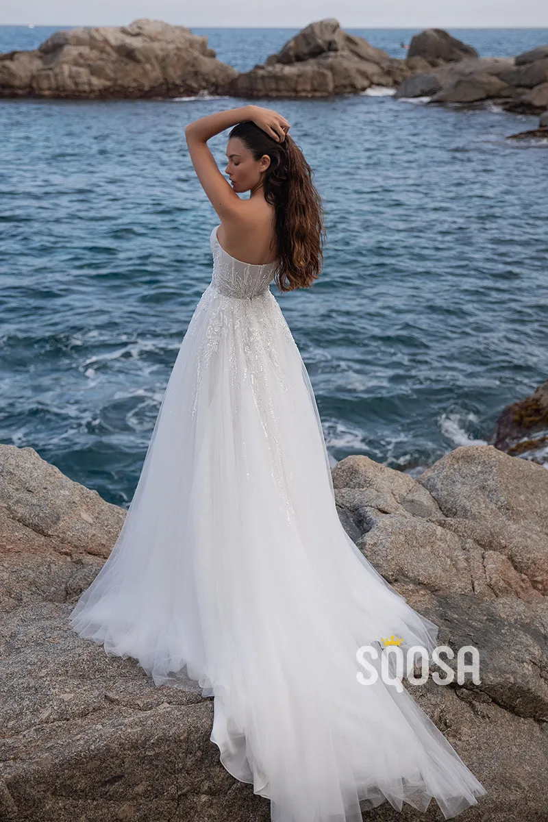 Tulle A-Line Detachable Off-Shoulder Empire Beaded Appliques With Side Slit Beach Wedding Dress QW8125