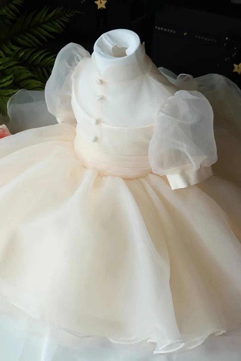 Unique High Neckline Soft Tulle Short Sleeves Flower Girl Dress Champagne First Communion Dress QF1031