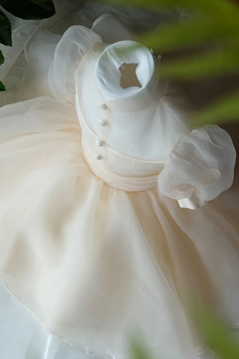 Unique High Neckline Soft Tulle Short Sleeves Flower Girl Dress Champagne First Communion Dress QF1031