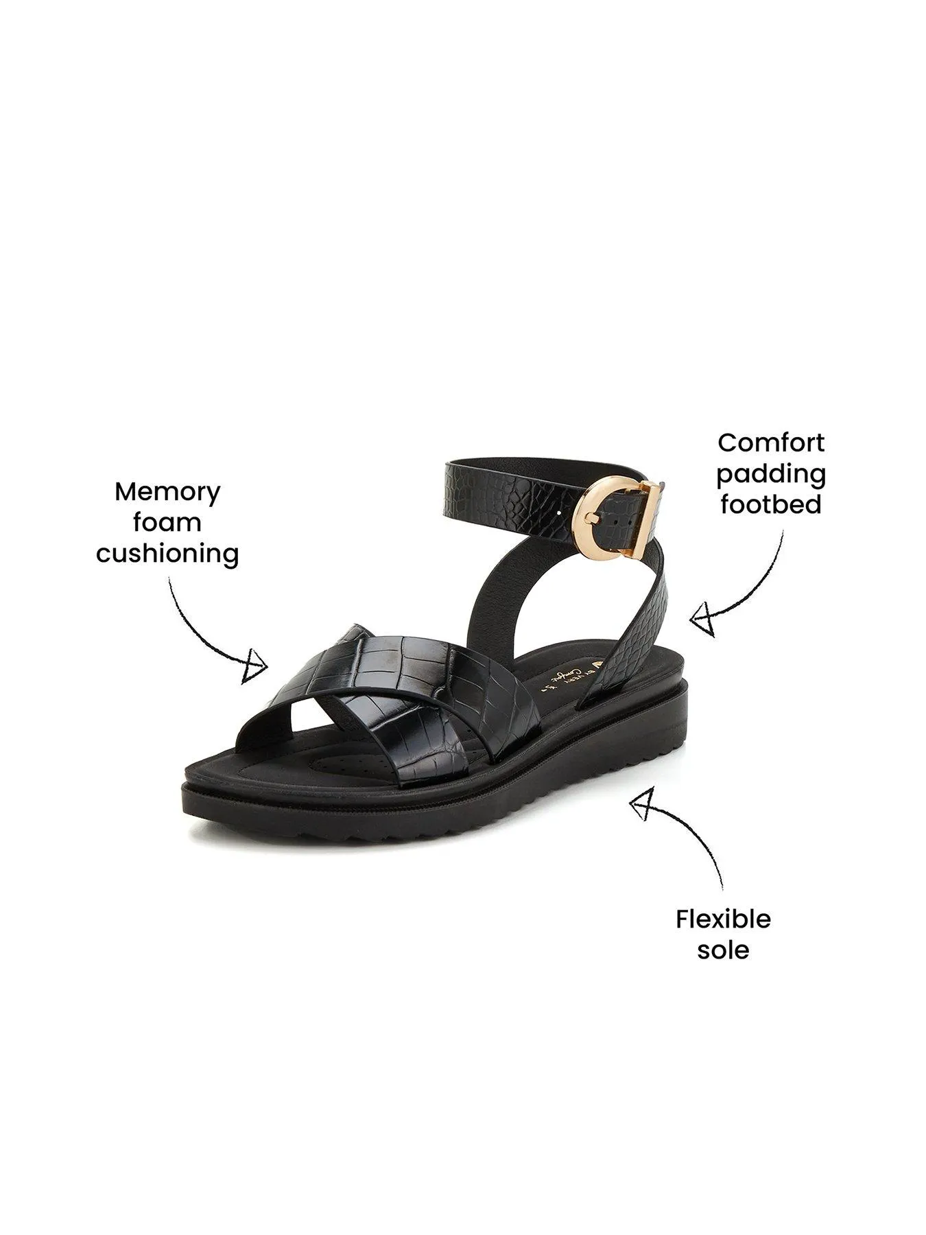 V by Very Comfort Wide Fit Croc Ankle Strap Comfort Sandal - Black