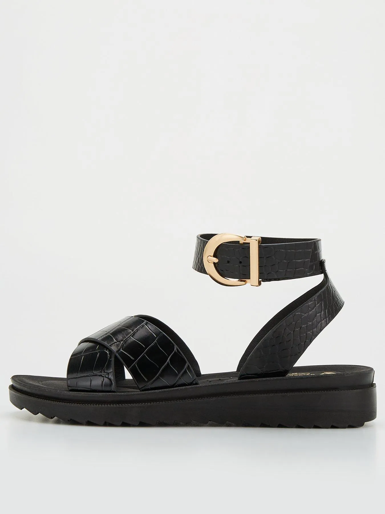 V by Very Comfort Wide Fit Croc Ankle Strap Comfort Sandal - Black