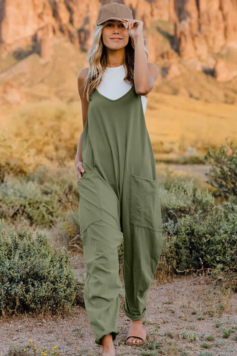 V-Neck Sleeveless Jumpsuit with Pockets**